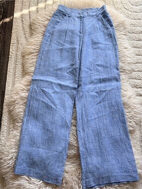 Magaschoni Light Blue 100% Linen Wide-Leg Pants